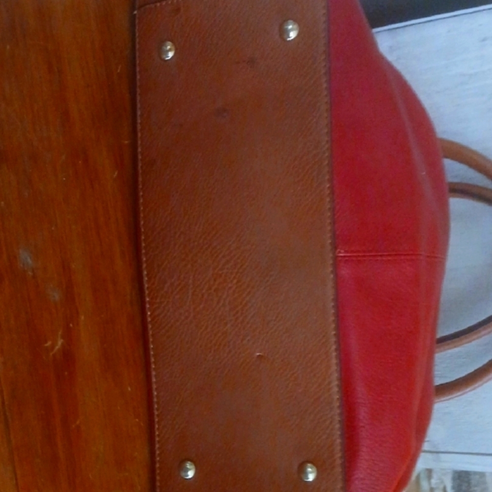 Michael Kors Red and Tan Shoulder Bag with Metallic Accents Double Handles - Picture 6 of 12